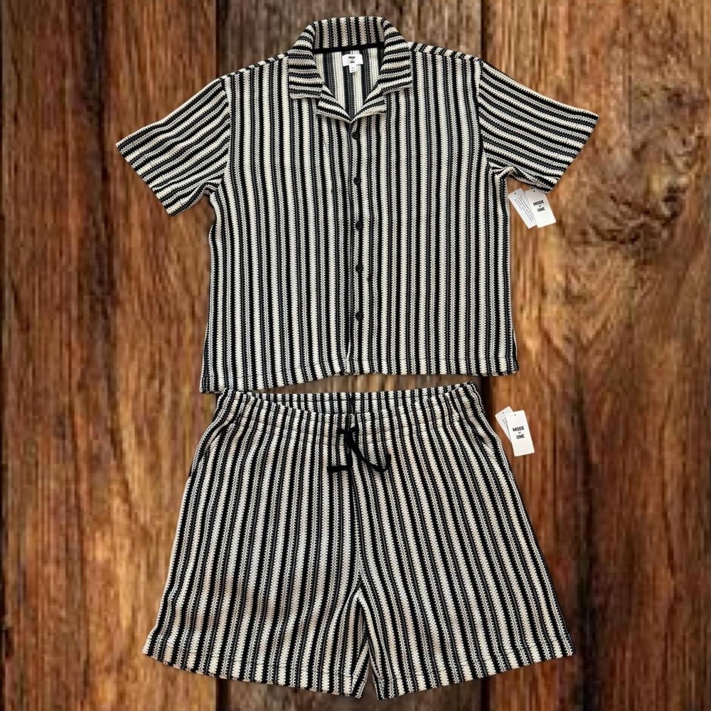 Mode of One Mens XXL Crochet Shirt Shorts Set Black White Striped 2pc NWT